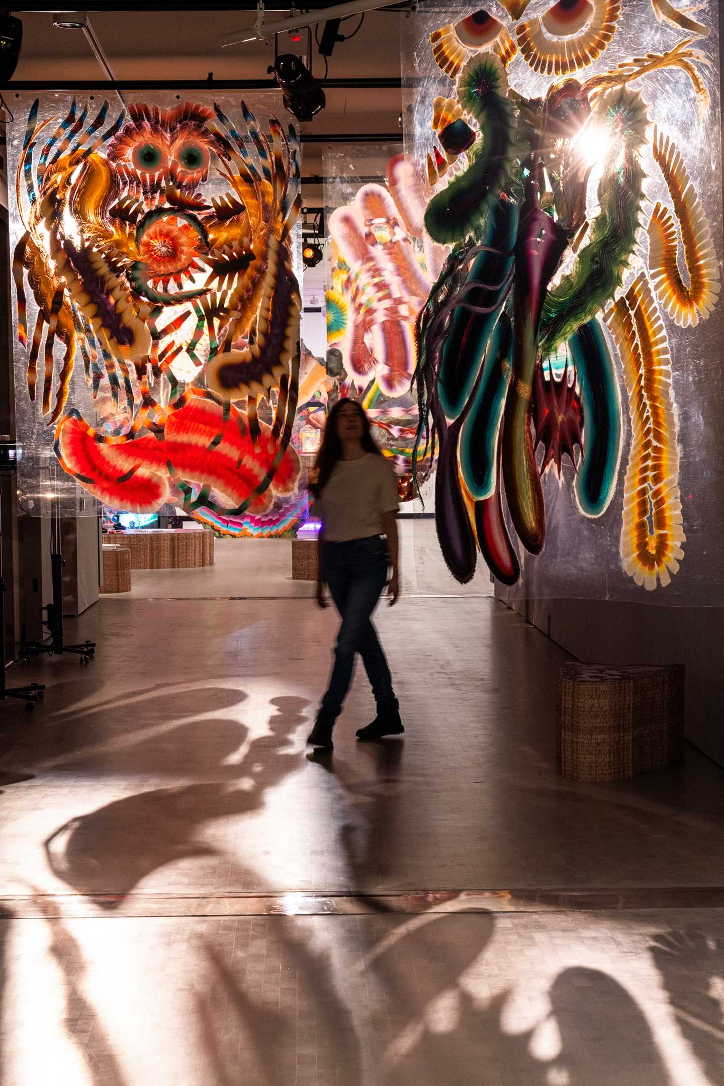 A woman walks through a corridor where paintings hang down from the ceiling. Photo