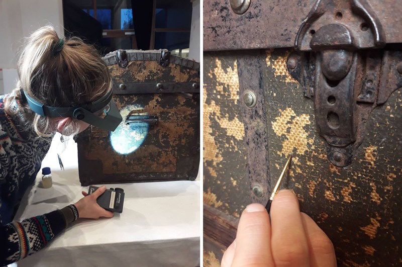Paper conservator Cosima Walter working on conservation of Edvard Munch's traveø chest. Photo © Munchmuseet