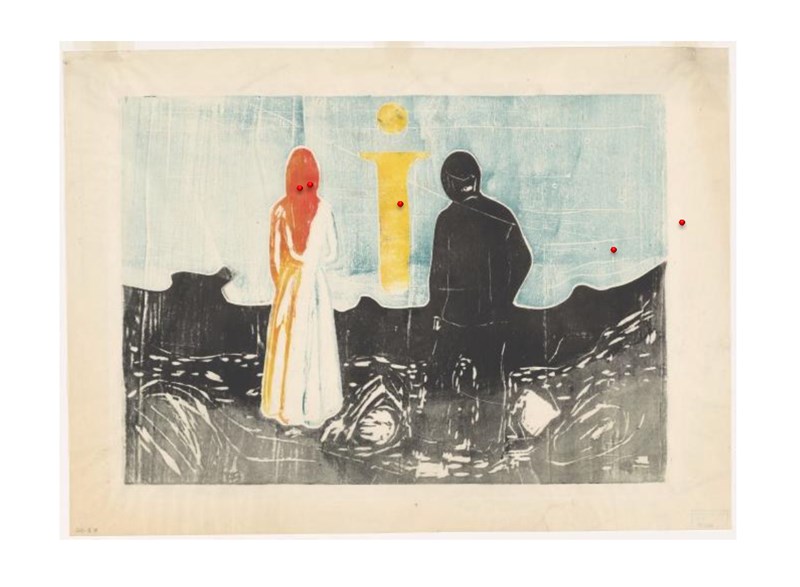 MM.G.00601-19 Two human beings. The lonely ones (1899). Colour woodcut. 5 points of measurement in red. Photo: ©Munchmuseet