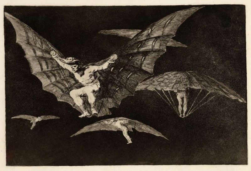 Francisco de Goya, En måte å fly på, 1816–23 (Nr. 13, Dårskapene). Etsning, akvatint og koldnål.