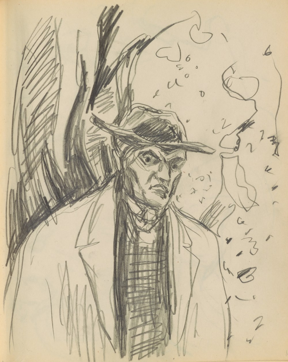 Edvard Munch in half-figure, wearing a hat and coat outdoors.