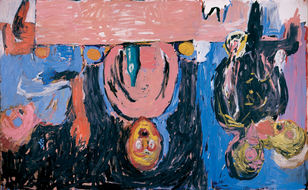 Georg Baselitz: Nattverd i Dresden. Bildet er malt opp ned og fire personer sitter ved et bord.