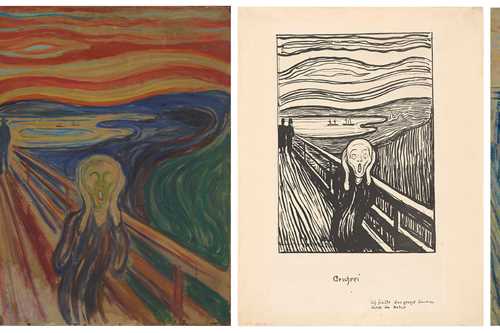 Three versions of Edvard Munch's The Scream: Tempera and oil on cardboard, 1910? / Litograph, 1895. / Crayon on cardboard, 1893. Foto © Munchmuseet