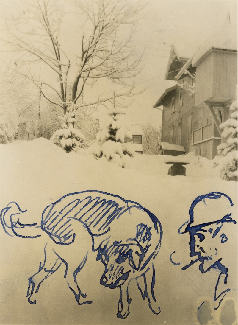  Edvard Munch: The villa at Ekely in the snow I. Photograph with drawing, 1927. Photo © Munchmuseet