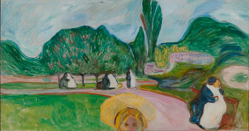 Edvard Munch: Kyssende par i parken (Linde-frisen). Olje på lerret, 1904. Foto © Munchmuseet