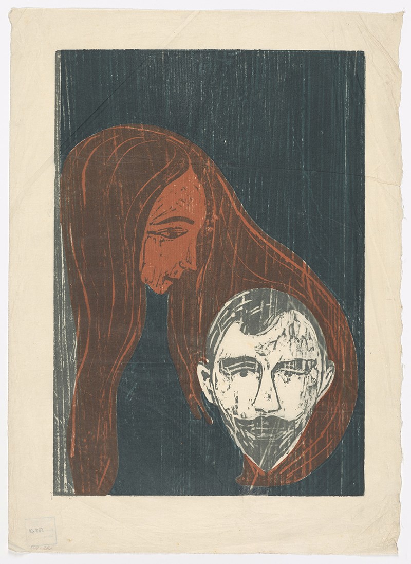 Edvard Munch, Man's Head in Woman's Hair, 1896. Colour woodcut.