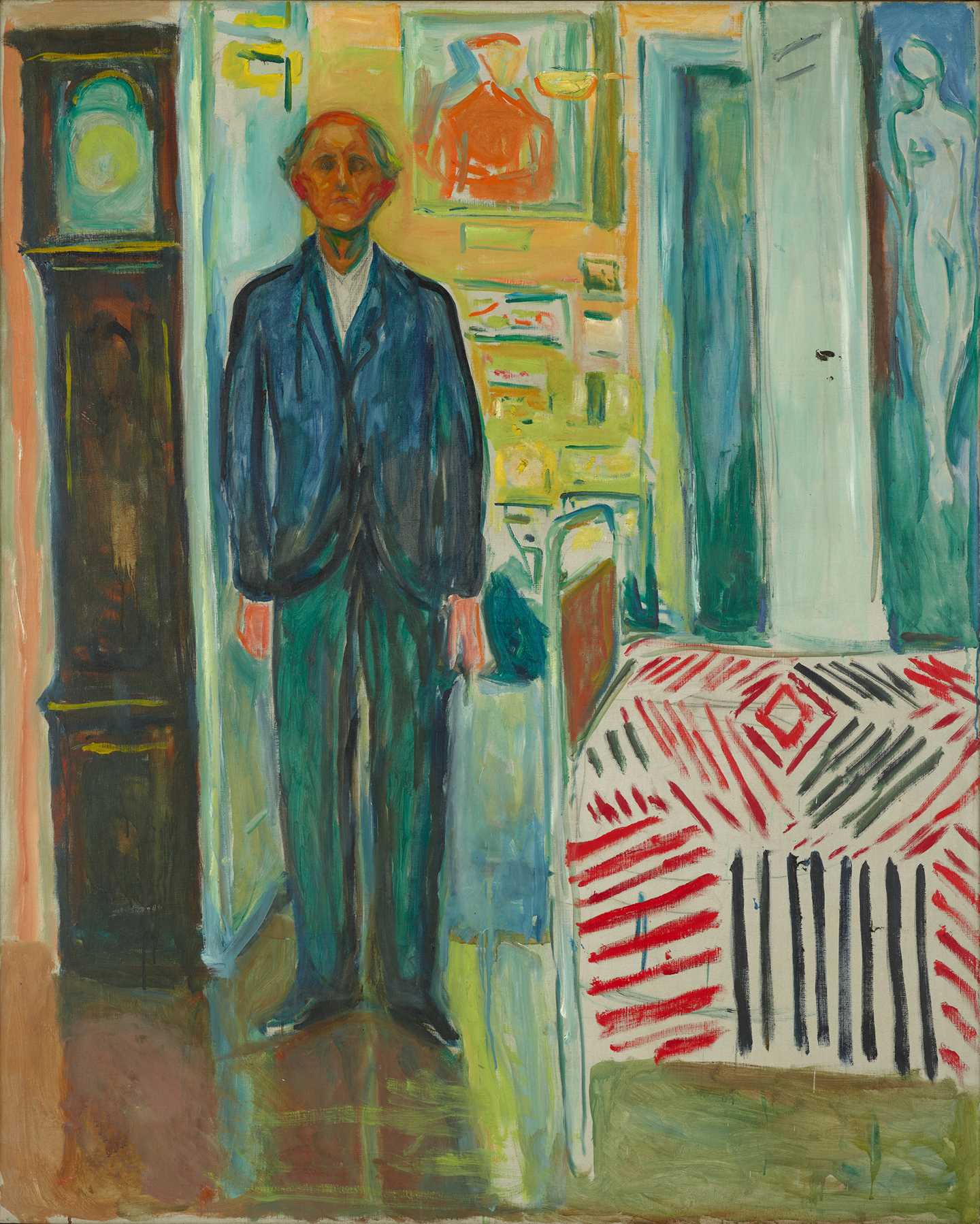 Edvard Munch: Self-Portrait. Between the Clock and the Bed. Oil on canvas, 1940-43. Photo © Munchmuseet