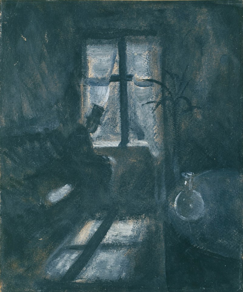 Edvard Munch: Natt i Saint-Cloud, 1892. Vi ser inn i et mørkt rom, kun lyst opp av månelys og gatelys gjennom et vindu. Vinduet kaster en lang skygge på gulvet og sprossene danner et kors. I halvmørket ved vinduet sitter en mann med flosshatt.