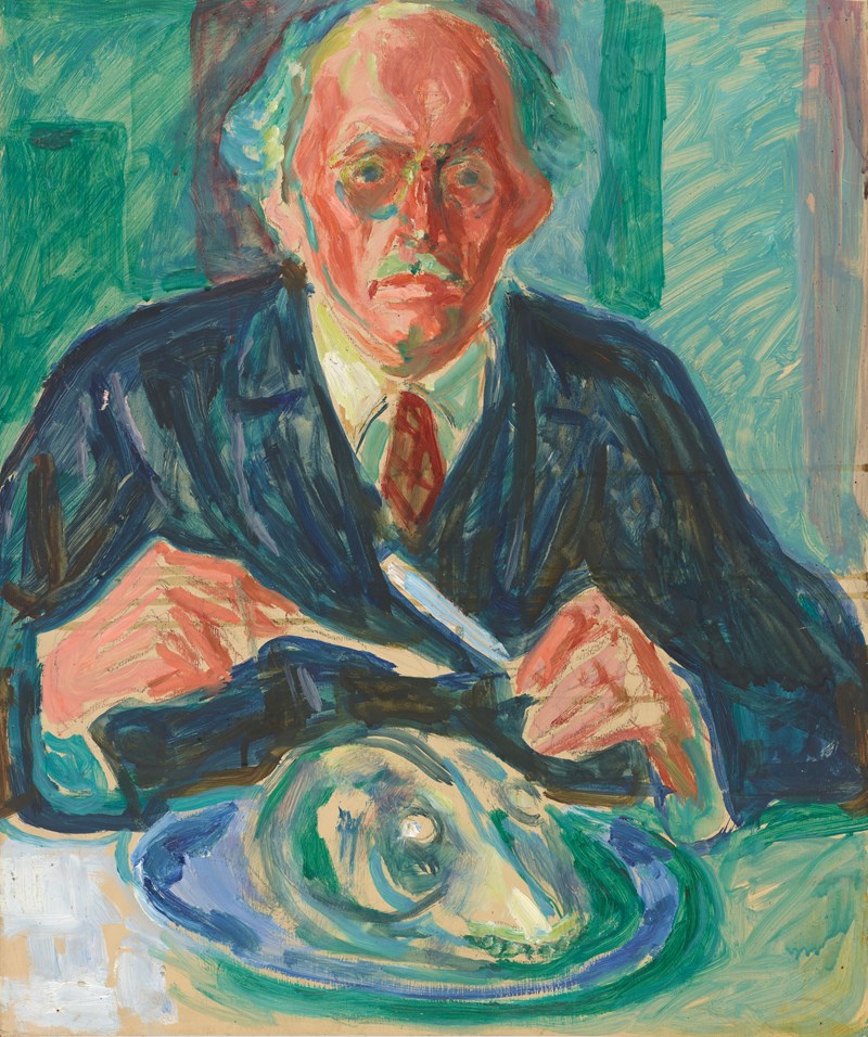 Edvard Munch, Selvportrett, med torskehode på tallerkenen (1940-42). Olje på treplate. Foto © Munchmuseet