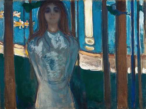 Edvard Munch: Summer Night. The Voice. A woman in a light coloured dress stands alone in a dark, bluish forest surrounded by long, slender tree trunks. Her head is slightly raised and she holds her arms together behind her back. In the lighter background can be seen a beach and several rowing boats at sea. The moon’s elongated reflection in the water is like a yellow exclamation mark. 